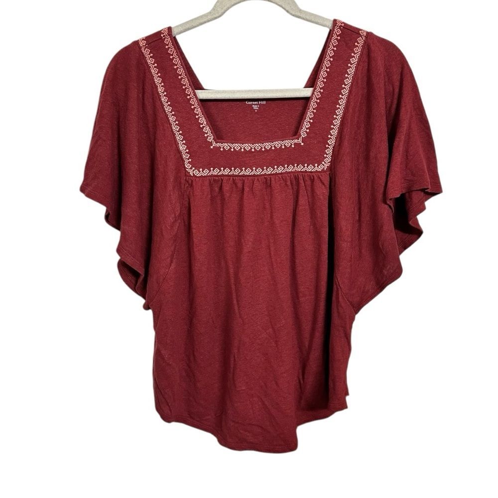 Garnet Hill Women Sz S Linen Blend Embroidered Square Neck Flutter Sleeve Top
